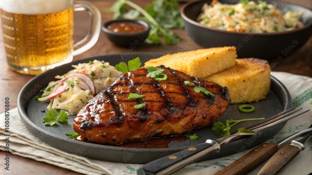 Dramatic Close-Up of BBQ Glazed Chicken Steak with Sides Dramatic Close-Up of BBQ Glazed Chicken Steak with Sides