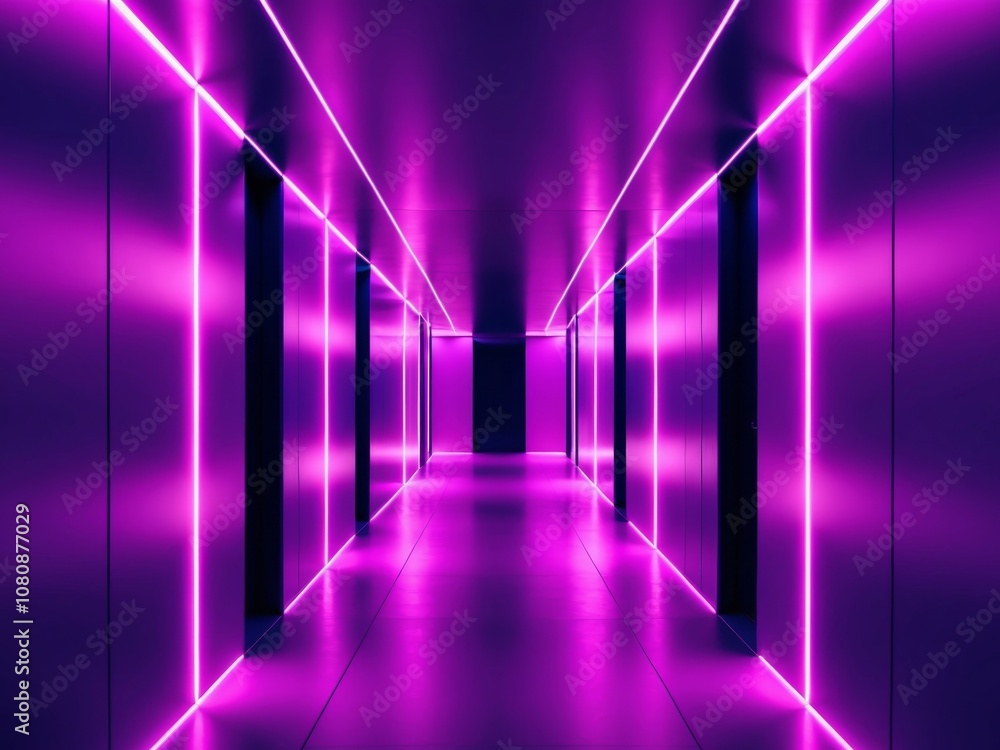 futuristic modern neon lit corridor with glowing purple and blue lights. futuristic modern neon lit corridor with glowing purple and blue lights.
