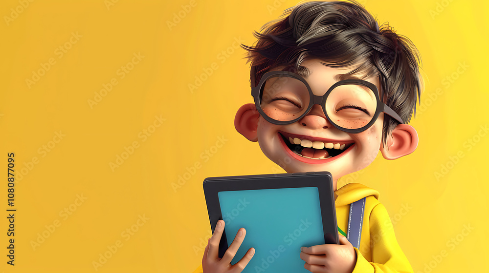 Cheerful Young Boy with Glasses Holding Tablet in Colorful Yellow Background, Embracing Technology with a Bright Smile and Playful Attitude, Perfect for Family and Education Themes