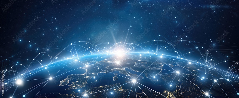 Global technology and telecommunication network interface Complexity graphs analytical in technology background Bright neon dark Global technology and telecommunication network interface Complexity graphs analytical in technology background Bright neon dark