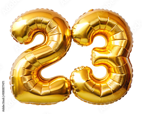 golden foil balloon for birthday in the shape of the number  23  , isolated on the white background