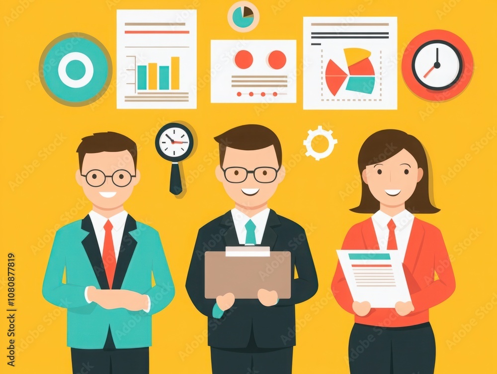 Professional Team Collaborating on Data Analysis and Business Strategy with Charts, Graphs, and Time Management Tools in a Bright Workspace Professional Team Collaborating on Data Analysis and Business Strategy with Charts, Graphs, and Time Management Tools in a Bright Workspace