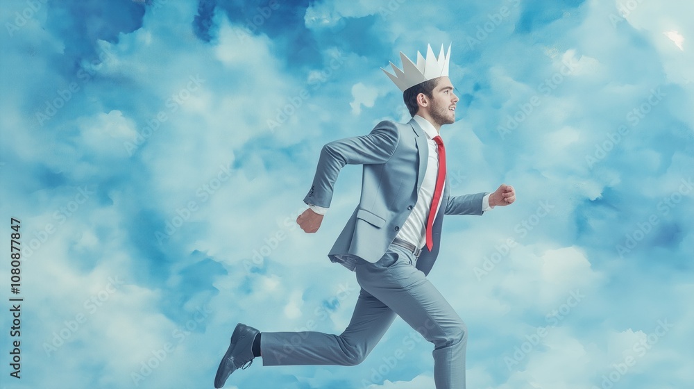 man in paper crown running against sky background .Generative AI man in paper crown running against sky background .Generative AI