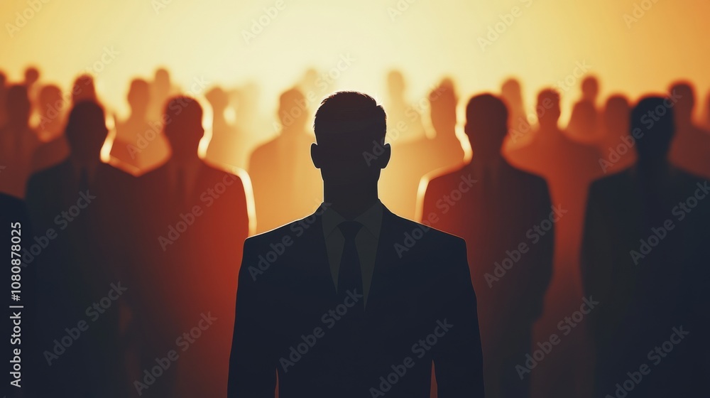 A Single Figure in a Crowd of Silhouettes Against a Warm Backdrop A Single Figure in a Crowd of Silhouettes Against a Warm Backdrop