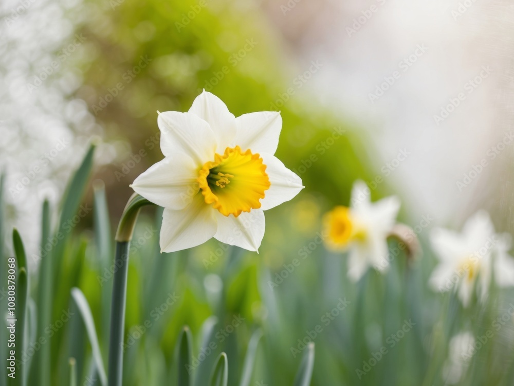 single white daffodil with yellow center blooms in garden. single white daffodil with yellow center blooms in garden.