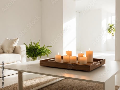 Cozy living room with lit candles on tray relaxing mood. photo