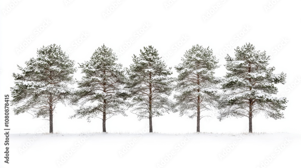 Fototapeta premium Five Snow-Covered Pine Trees in a Row Against a White Background
