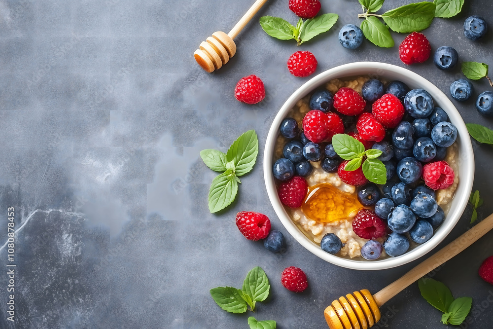 Aerial view of a bowl of oatmeal with fresh berries and honey Aerial view of a bowl of oatmeal with fresh berries and honey