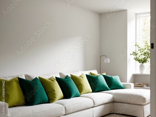 Cozy Living Room with White Couch and Green Pillows. photo