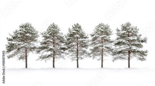 Wallpaper Mural Five Snow-Covered Pine Trees in a Row Against a White Background Torontodigital.ca