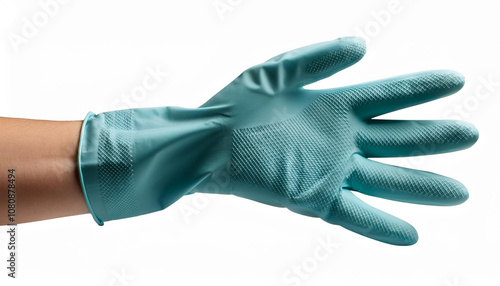 Effect of hand in blue glove holding a red rug and wiping white tile wall, 3d illustration