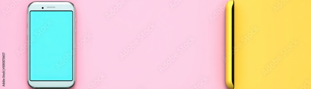 Modern smartphone with a blank blue screen placed next to a vibrant yellow notebook on a pastel pink background, ideal for creative projects or tech content. Modern smartphone with a blank blue screen placed next to a vibrant yellow notebook on a pastel pink background, ideal for creative projects or tech content.