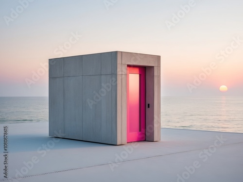 A modern concrete structure with a pink door overlooking a tranquil seascape at sunset. photo