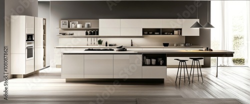 Modern White Kitchen Island with Bar Stools and Open Shelving