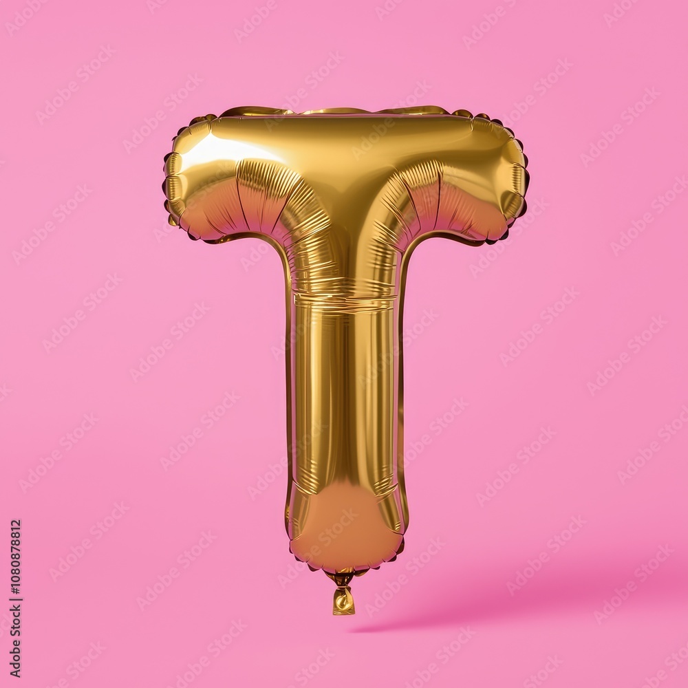 Gold balloon shaped like the letter T on light pink background Gold balloon shaped like the letter T on light pink background
