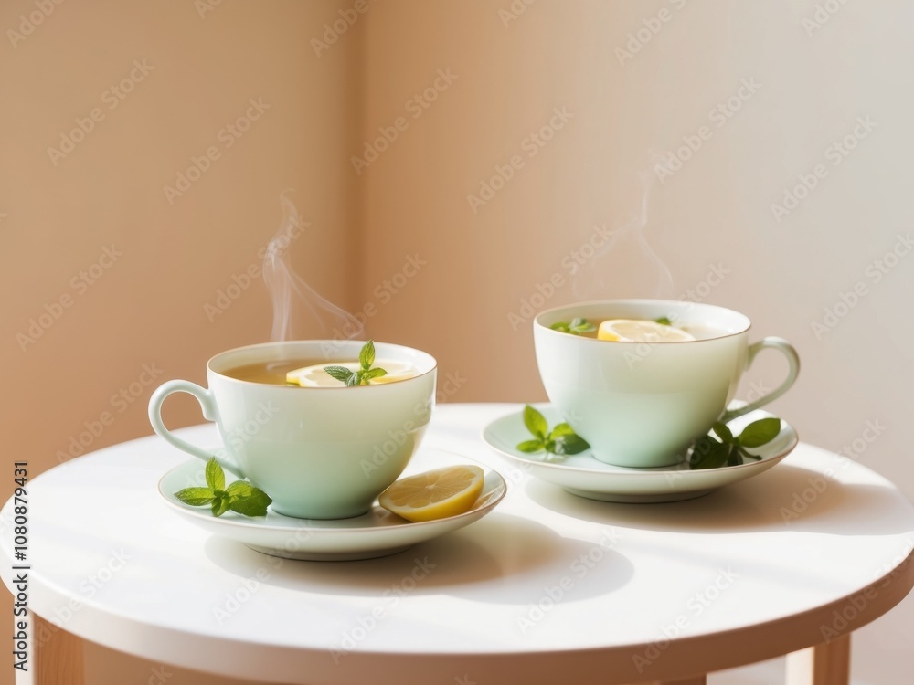 Two cups of herbal tea are resting on a table with lemon and mint on a sunny day. Two cups of herbal tea are resting on a table with lemon and mint on a sunny day.