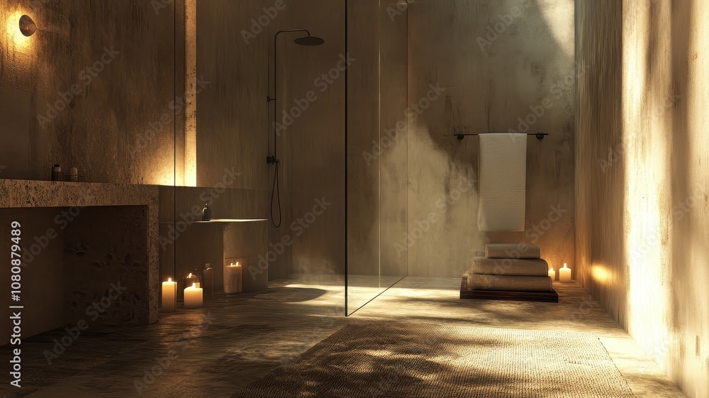 Fototapeta premium A serene, modern bathroom featuring a glass shower, textured walls, ambient lighting, and a minimalist design aesthetic.