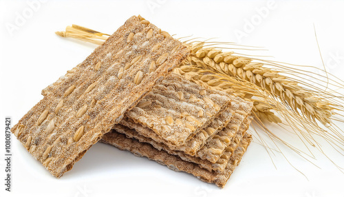 Grain crispbread with wheat isolated on white photo