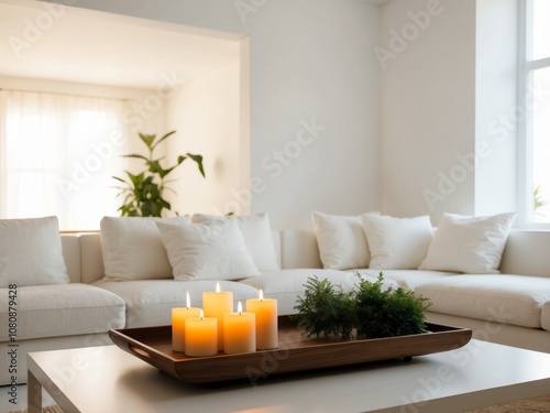 Cozy living room with lit candles on tray relaxing mood. photo