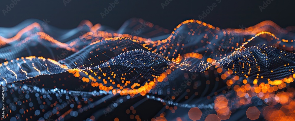 Technology background with connected dots on 3D wave landscape. Data science, particles, digital world, virtual reality, cyberspace, metaverse concept hyper realistic Technology background with connected dots on 3D wave landscape. Data science, particles, digital world, virtual reality, cyberspace, metaverse concept hyper realistic