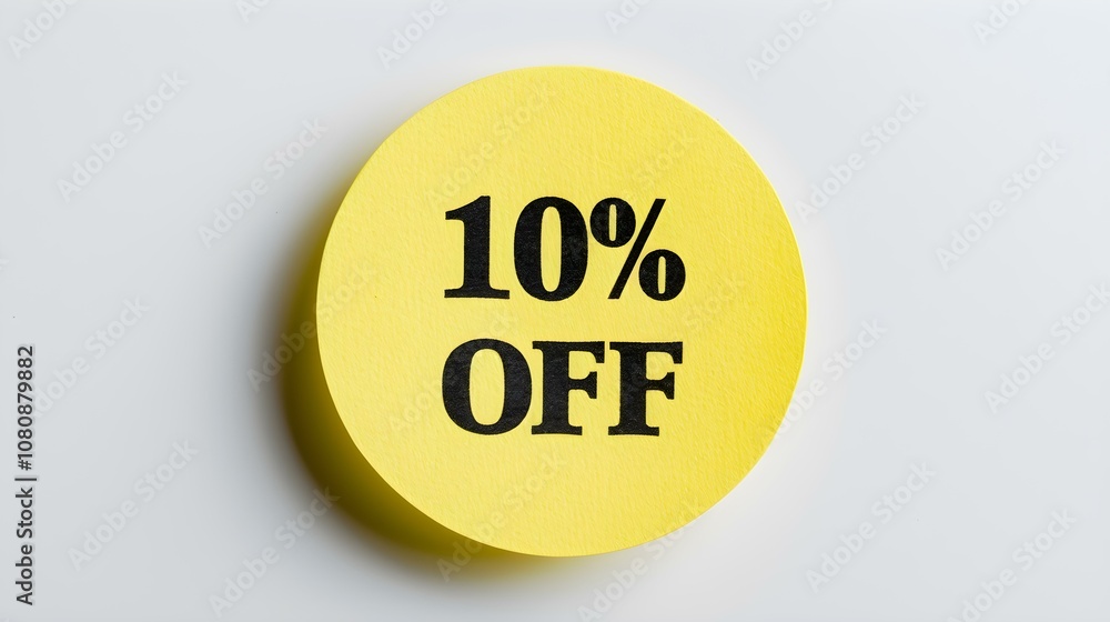 Black '10% OFF' Text on a Yellow Round Paper Note. White Background with Copy Space Black '10% OFF' Text on a Yellow Round Paper Note. White Background with Copy Space