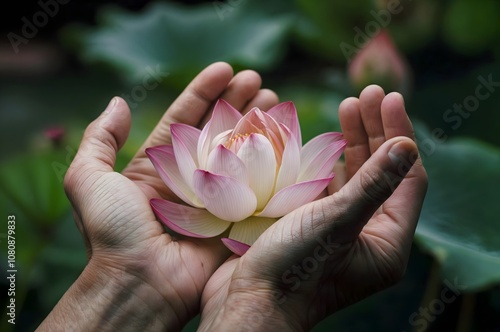 Blossoming Lotus in Hands: A Symbol of Self-Care and Personal Growth
 photo