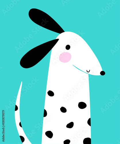 Simple Portrait of Cute Dog. Good Boy. Happy Dalmatian on a Blue Background. Nursery Art with Funny White Dotted Puppy. Kids' Room Decoration. Nursery Vector Print With Dalmatian Dog. 