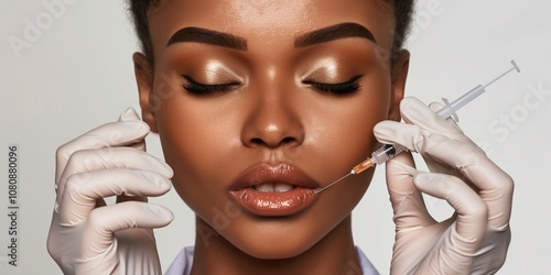 A detailed image shows a woman getting a precise lip injection from a beauty pro, highlighting skincare treatment in cosmetics. The procedure is depicted in a professional setting