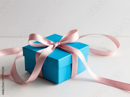 A blue gift box with a pink ribbon tied around it. photo