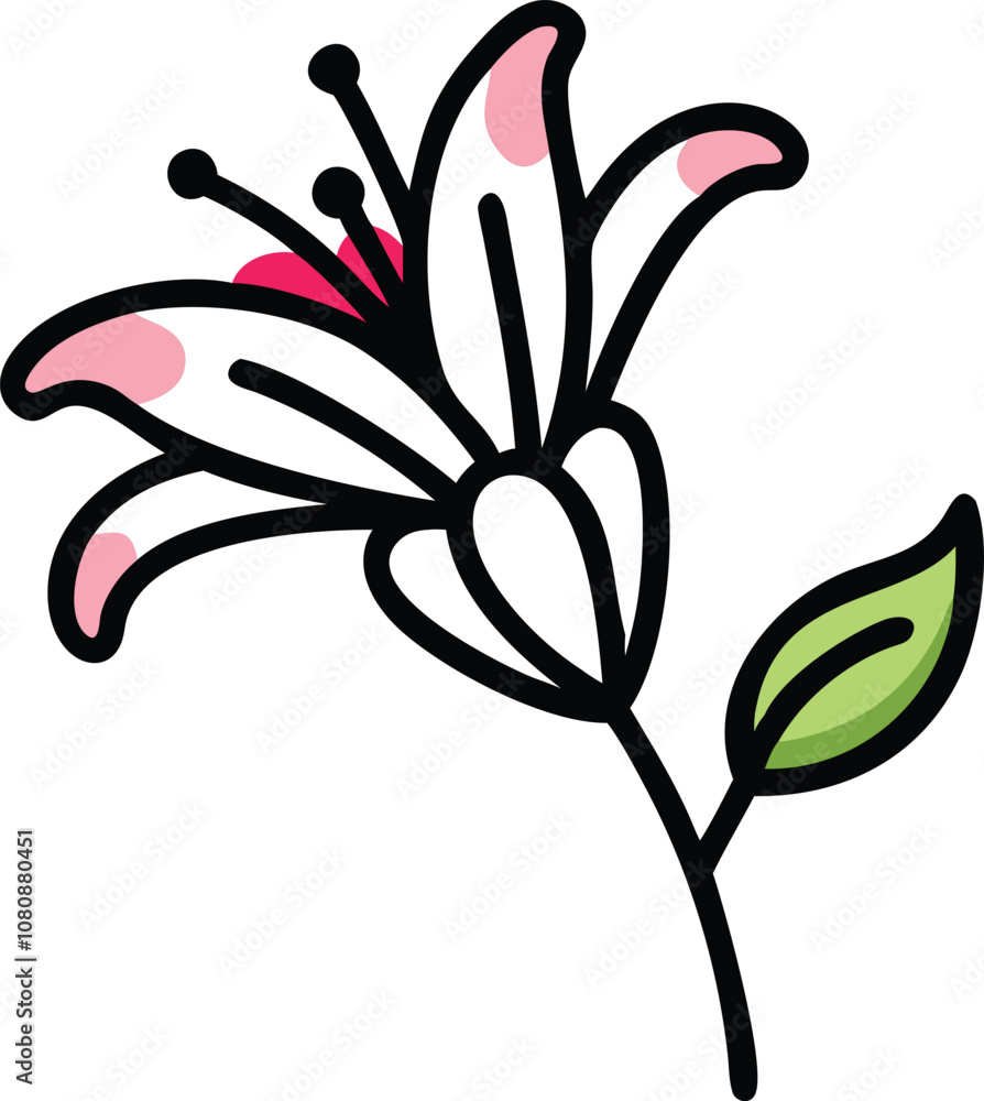 Naklejka premium Stylized Lily Flower with Pink Accents, Illustration of a lily flower with white petals, pink accents, and a single green leaf, showcasing a simple yet elegant design. 