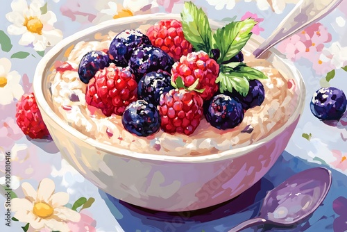 An illustration of a bowl of oatmeal with fresh berries