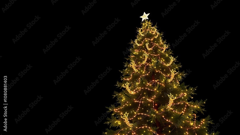 Obraz premium A majestic Christmas tree stands tall against a dark background, its branches adorned with twinkling lights that seem to dance in the air, sparkling ornaments, towering presence, dark room