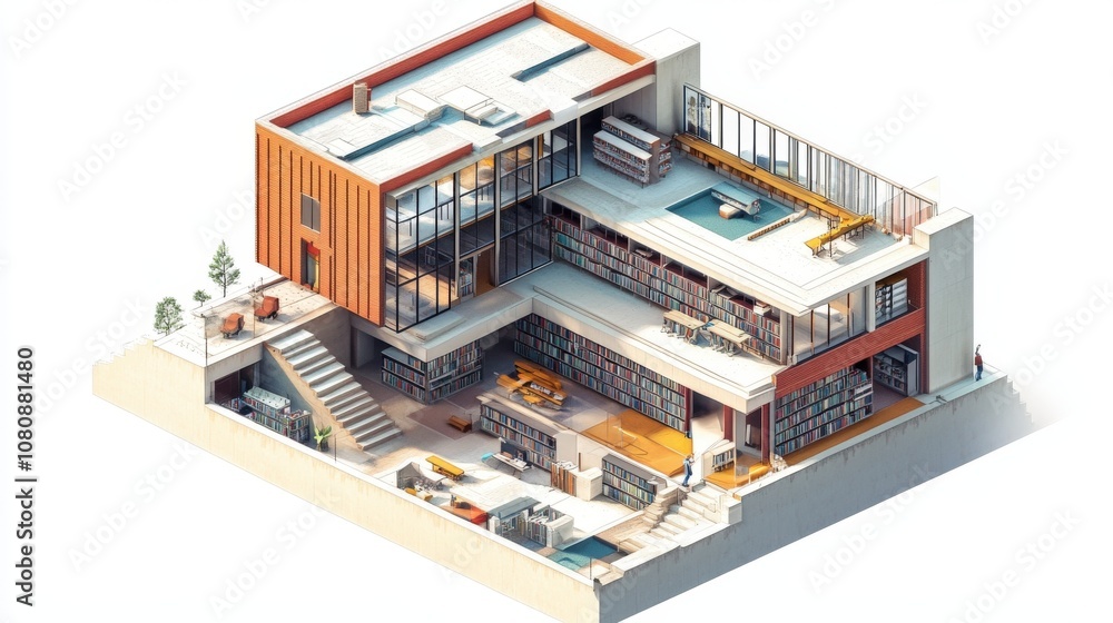 Modern House Cut-Away Revealing Interior and Rooftop Terrace with Bookshelves Modern House Cut-Away Revealing Interior and Rooftop Terrace with Bookshelves