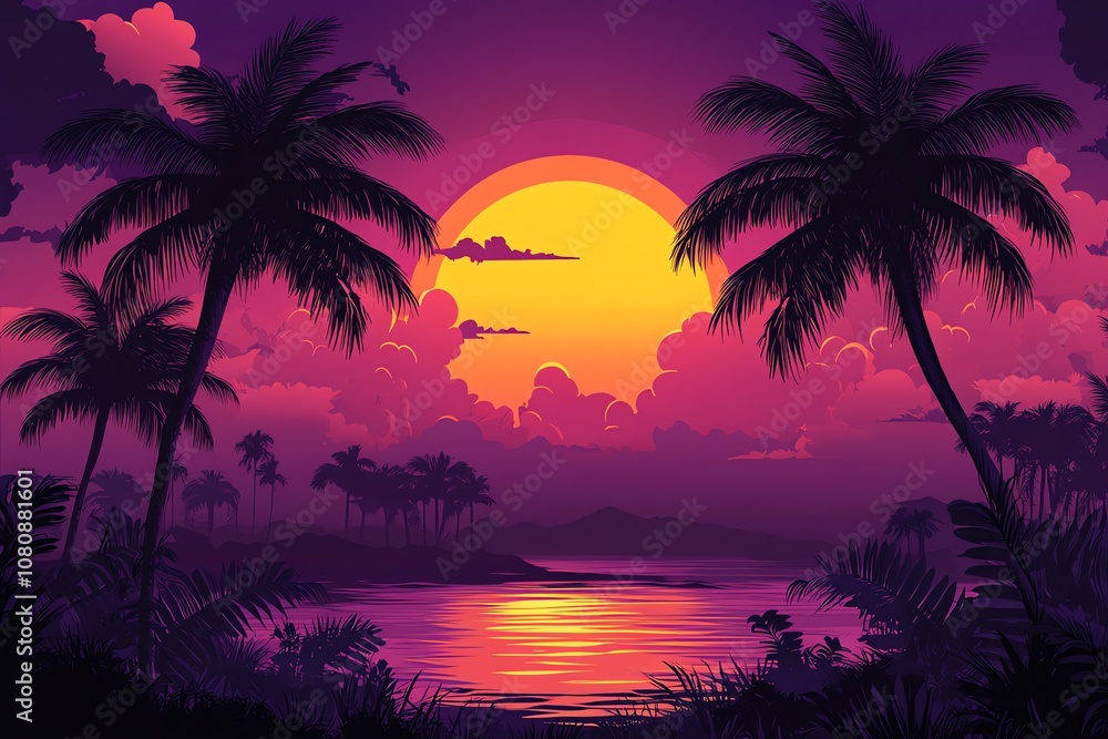 A vibrant sunset over a tropical island, with palm trees silhouetted against the orange and purple sky, reflecting on the calm water. A vibrant sunset over a tropical island, with palm trees silhouetted against the orange and purple sky, reflecting on the calm water.
