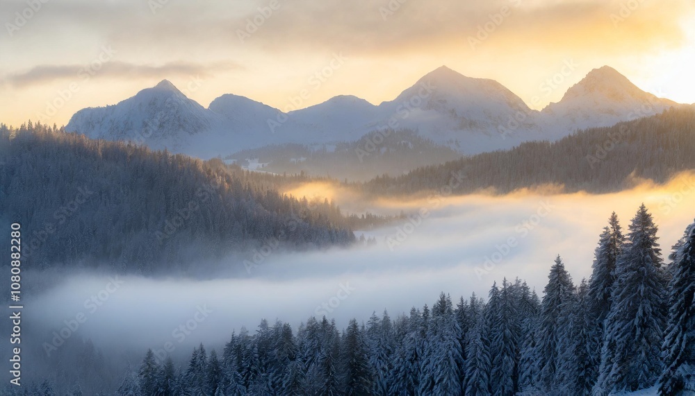 Fototapeta premium Rolling Fog Over a Quiet Mountain Valley, Surrounded by Snow-Capped Peaks and Dense Pine Forests, Creating a Mysterious Atmosphere as the First Light of Dawn Breaks
