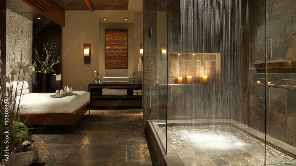 A tranquil spa interior featuring calming water features, natural stone, soft lighting, and a serene ambiance for relaxation and rejuvenation. A tranquil spa interior featuring calming water features, natural stone, soft lighting, and a serene ambiance for relaxation and rejuvenation.