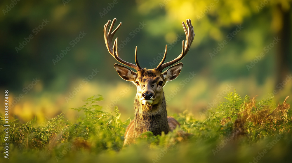 A regal deer with impressive antlers is captured standing among dense greenery in a sunlit forest. A regal deer with impressive antlers is captured standing among dense greenery in a sunlit forest.