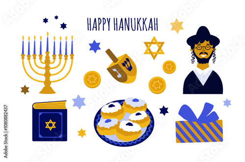 Hanukkah elements on a white background.Traditional Jewish holiday attributes Star of David, menorah, dreidel,donuts, book ,gift, Jewish man
