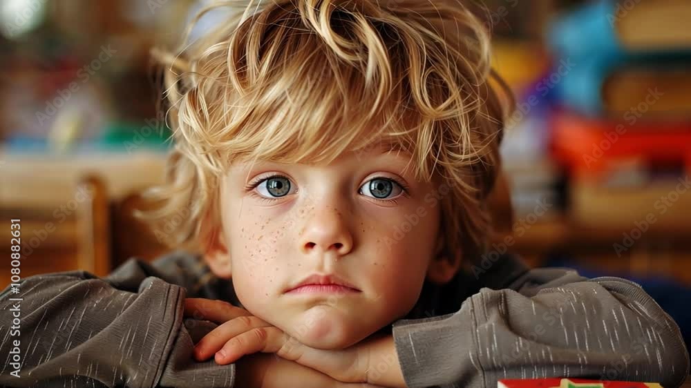 A young boy with tousled curls and freckles looks contemplatively ahead while resting his chin on his hands, surrounded by classroom materials and vibrant colors. A young boy with tousled curls and freckles looks contemplatively ahead while resting his chin on his hands, surrounded by classroom materials and vibrant colors.