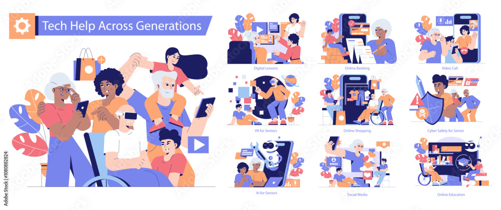 Fototapeta premium Tech Help Across Generations. Flat Vector Illustration