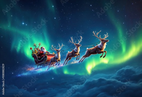 Santa Claus in a sleigh with reindeer flies over the earth in the night starry sky