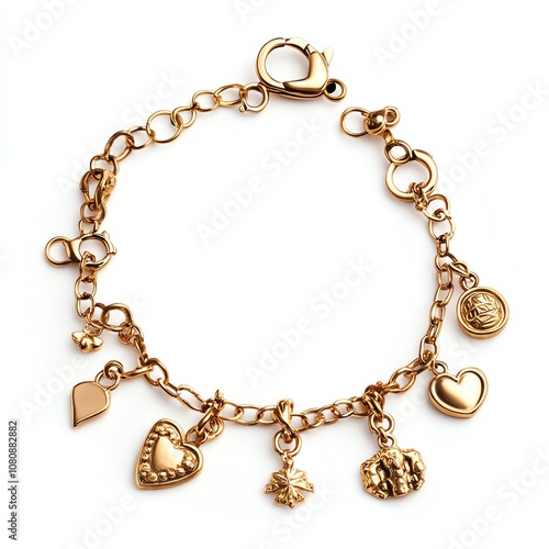 Gold charm bracelet on white isolate background