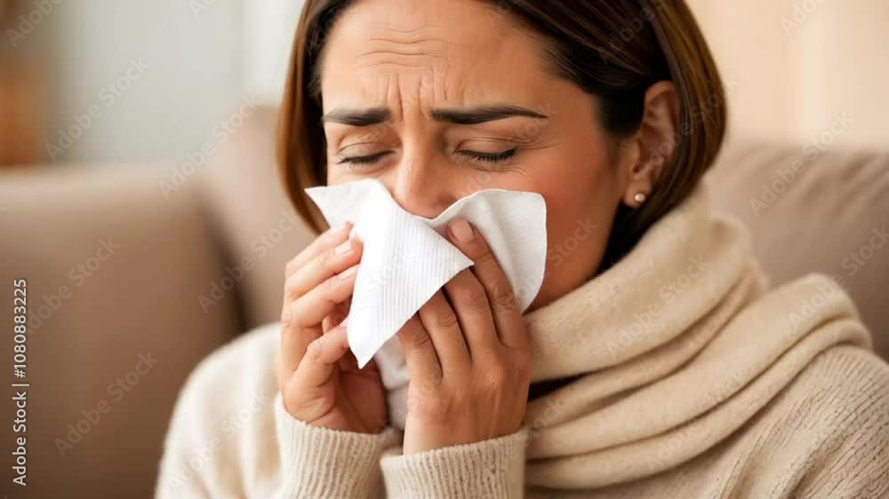 Sick woman with handkerchief in apartment, runny nose, seasonal cold
Sick woman with handkerchief in apartment, runny nose, seasonal cold