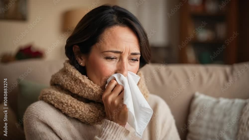 Sick woman with handkerchief in apartment, runny nose, seasonal cold
Sick woman with handkerchief in apartment, runny nose, seasonal cold