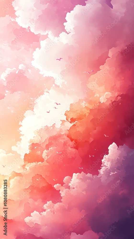 A vibrant, digitally-painted sky with fluffy clouds in shades of pink, orange, and yellow, with a bright light shining through the center, and a few birds flying above. A vibrant, digitally-painted sky with fluffy clouds in shades of pink, orange, and yellow, with a bright light shining through the center, and a few birds flying above.