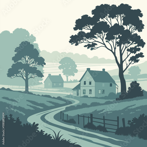 A serene countryside landscape featuring a winding road leading to a charming farmhouse nestled amidst lush greenery. The tranquil scene evokes feelings of peace and serenity.