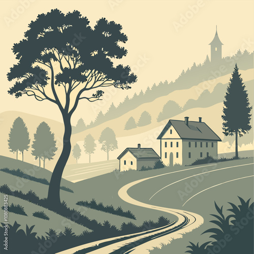 Serene countryside landscape illustration. Rolling hills, charming houses, winding road, and lush trees create a peaceful scene. Perfect for travel, real estate, or nature projects.