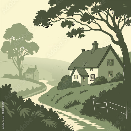 A charming illustration depicting a quaint cottage nestled amidst lush greenery, showcasing a winding path leading through a picturesque countryside landscape.