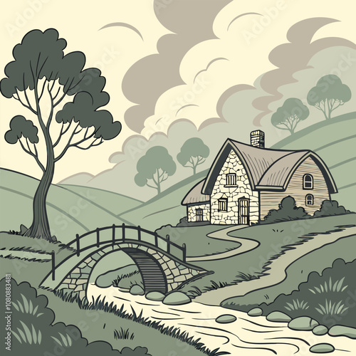 Charming illustration depicting a quaint stone cottage nestled in a picturesque valley. A winding path leads to the cottage, passing over a stone bridge and a babbling brook.