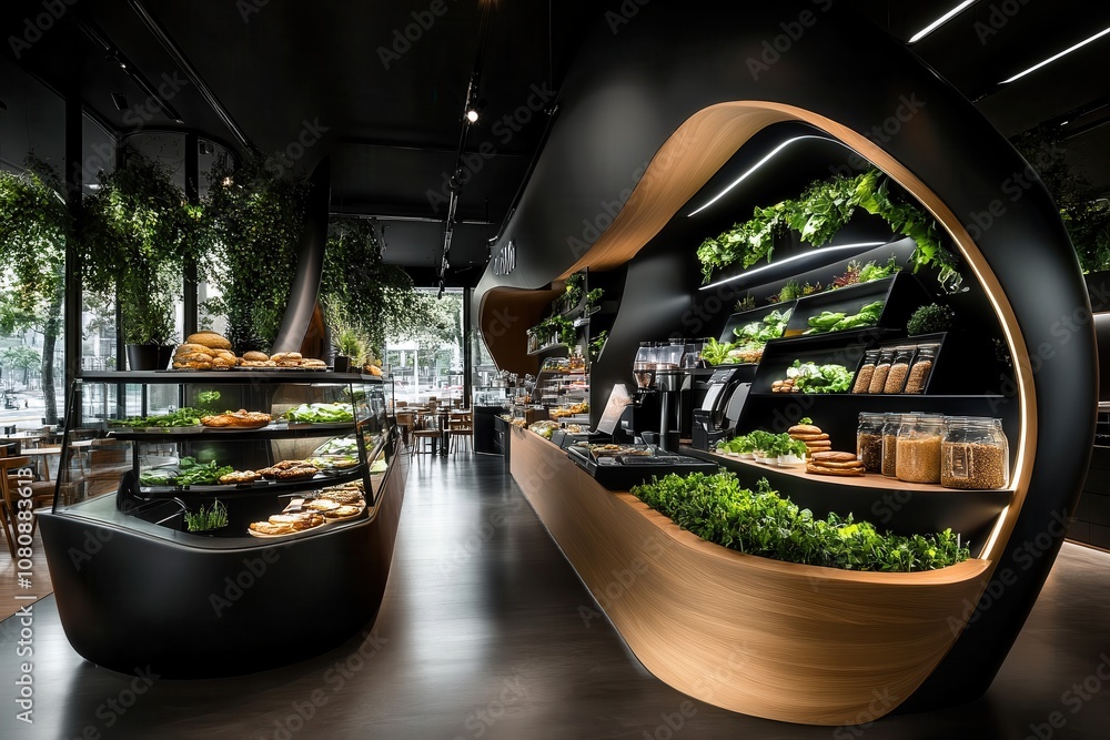 a modern organic cafe with a unique black and wood counter design, fresh greenery displays, elegant pastry shelves, ambient lighting, and a sophisticated contemporary layout a modern organic cafe with a unique black and wood counter design, fresh greenery displays, elegant pastry shelves, ambient lighting, and a sophisticated contemporary layout